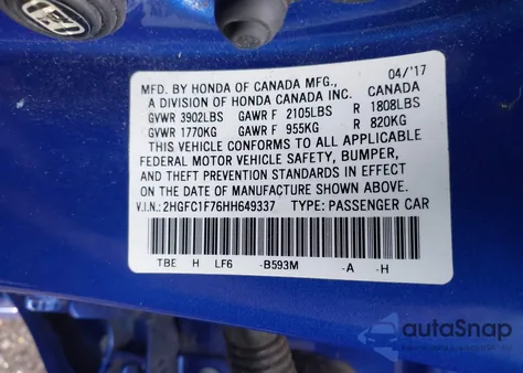 2017 Honda Civic Ex-L from USA, damaged, VIN 2HGFC1F76HH649337